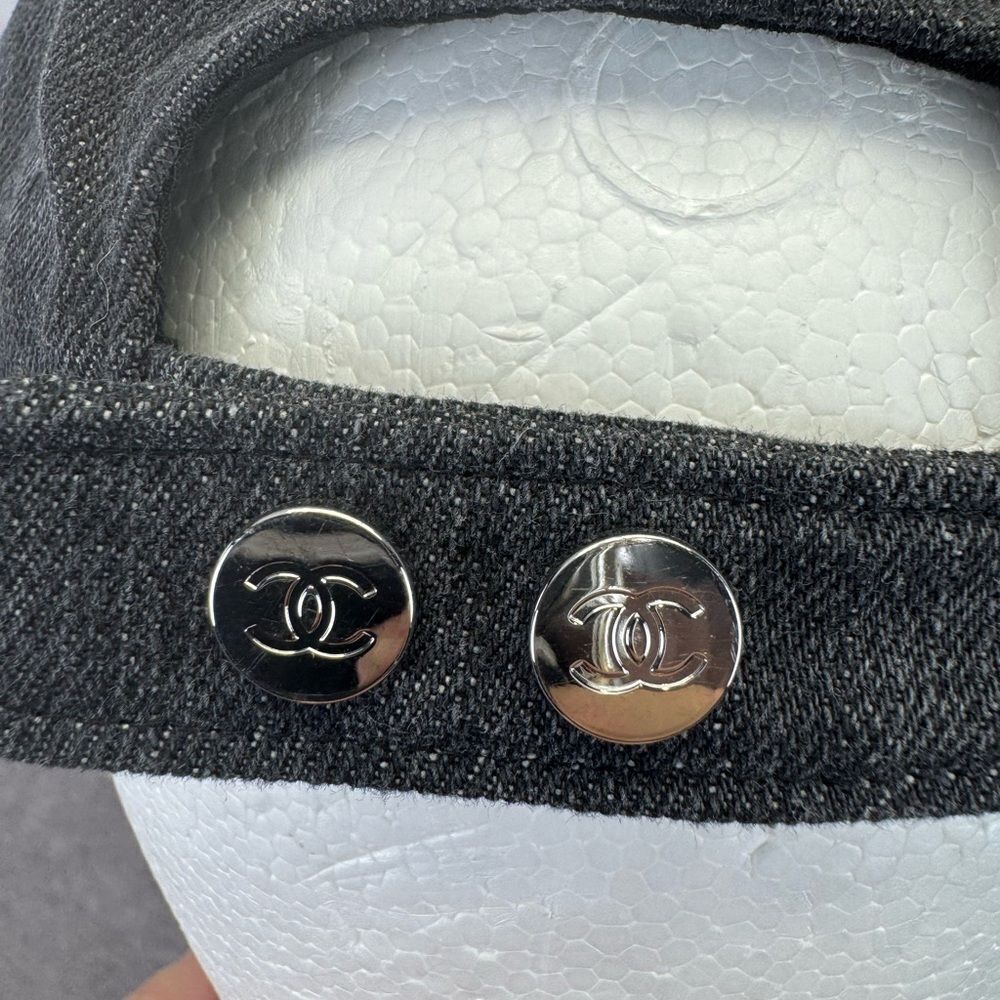Chanel 22P Black Denim Sequin CC White Logo Baseball Cap Curved Peak Hat - Picture 7 of 13